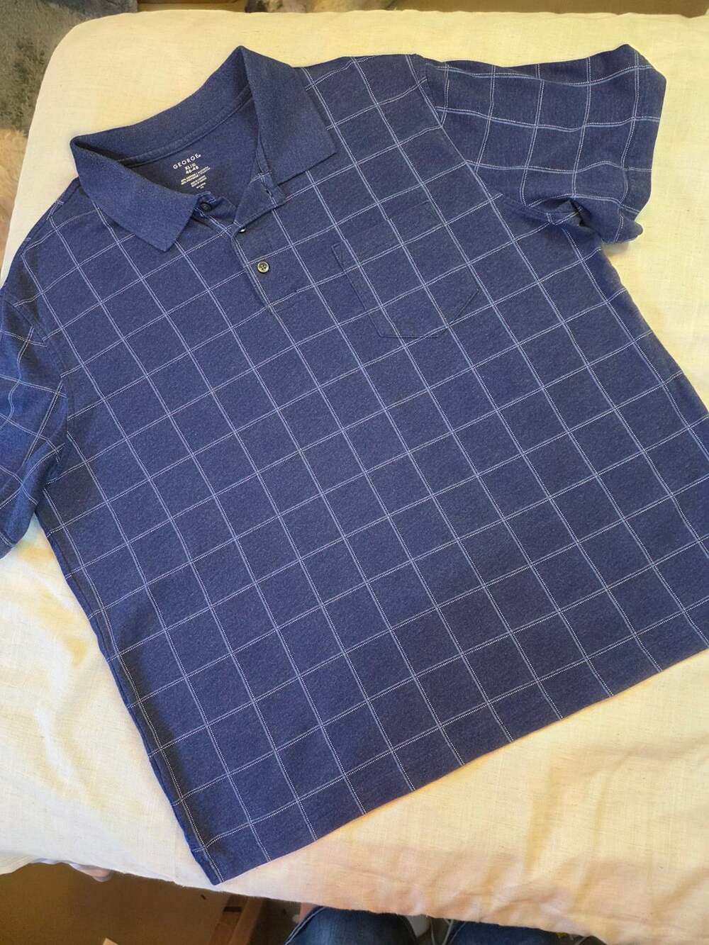 George Men's XL Windowpane Short Sleeve Polo Shirt Blue